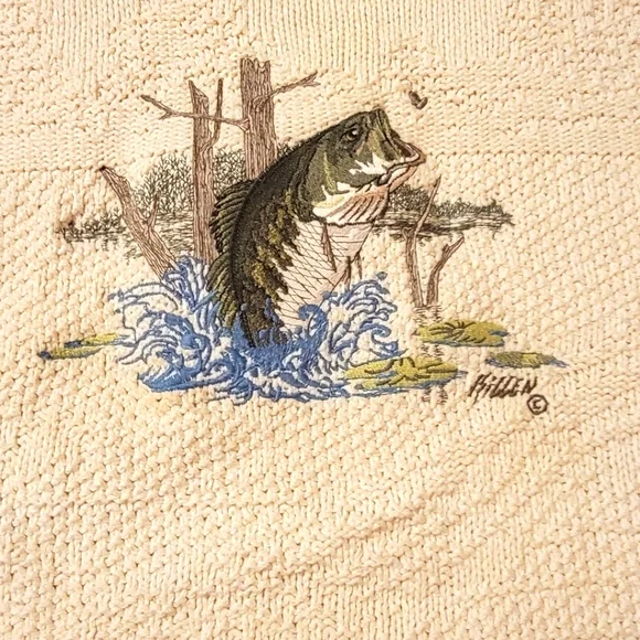 VTG Sweater Mens 4XLT Cream 3D Embroidered Bass Retro Made in USA 4 XL Tall - Picture 5 of 6